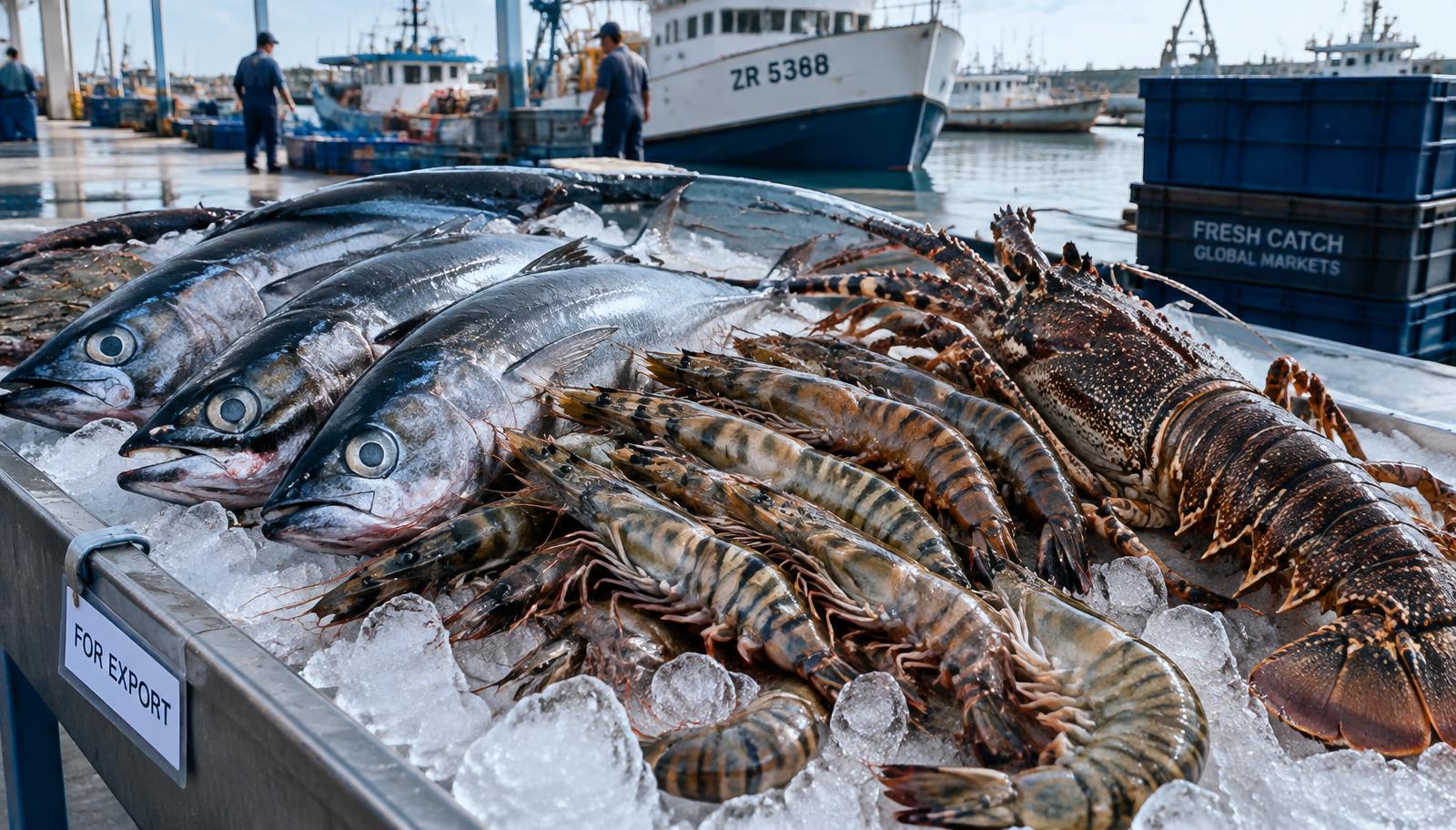 Fresh fish, tiger prawns and lobster on ice at a fish harbour