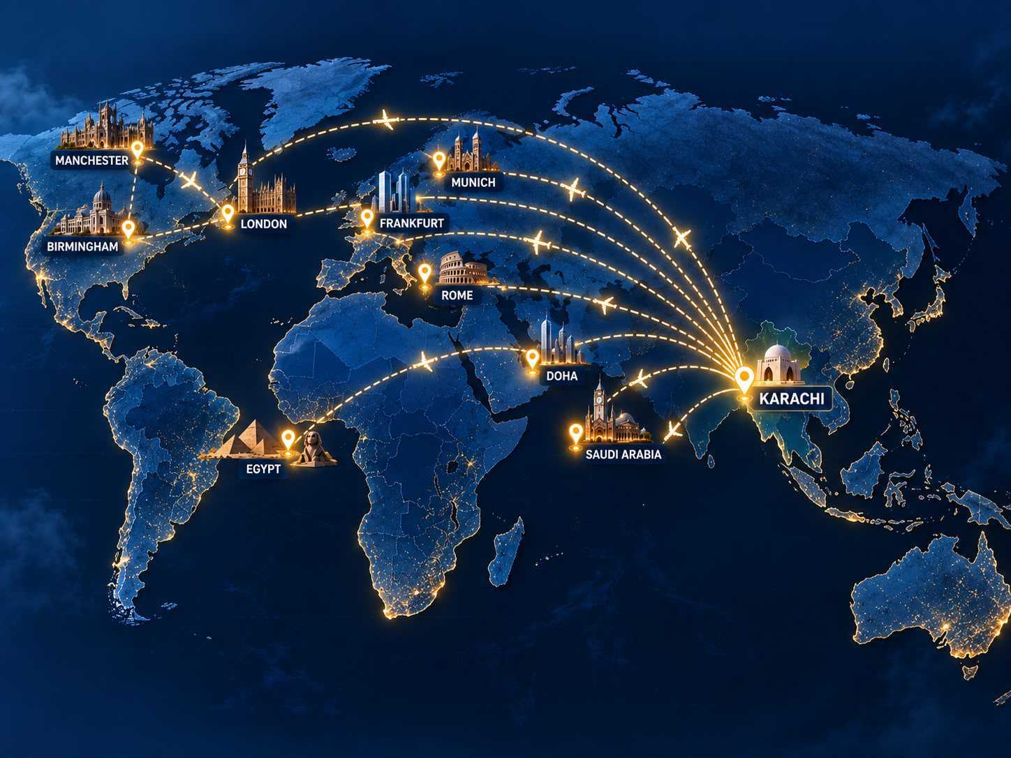 World map showing export routes from Karachi to Manchester, Birmingham, London, Frankfurt, Munich, Rome, Doha, Saudi Arabia and Egypt
